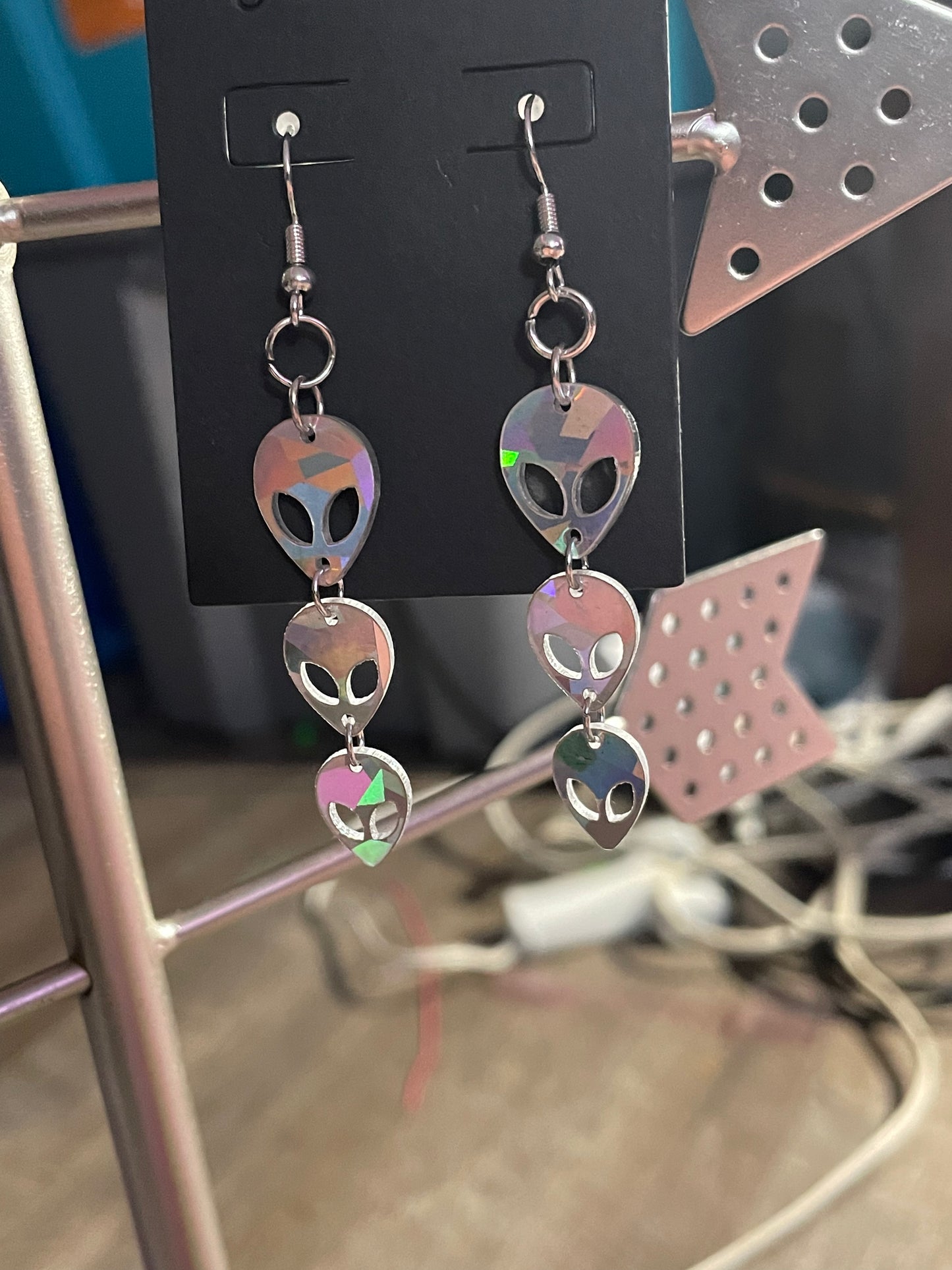 Silver Alien Dangle Earrings